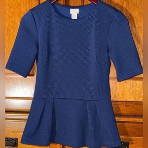 H&M Navy Textured Peplum Short Sleeve Round Neck Silhouette Blouse Knit Weave